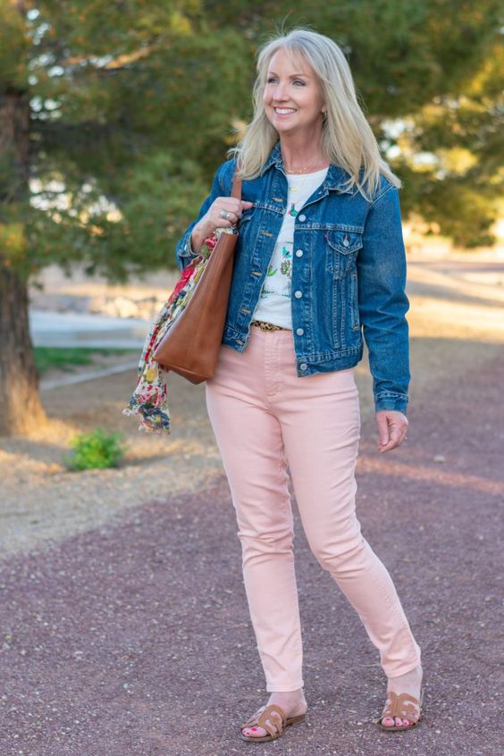 pink salmon skinny jeans and denim jackets for trendy pastel outfits