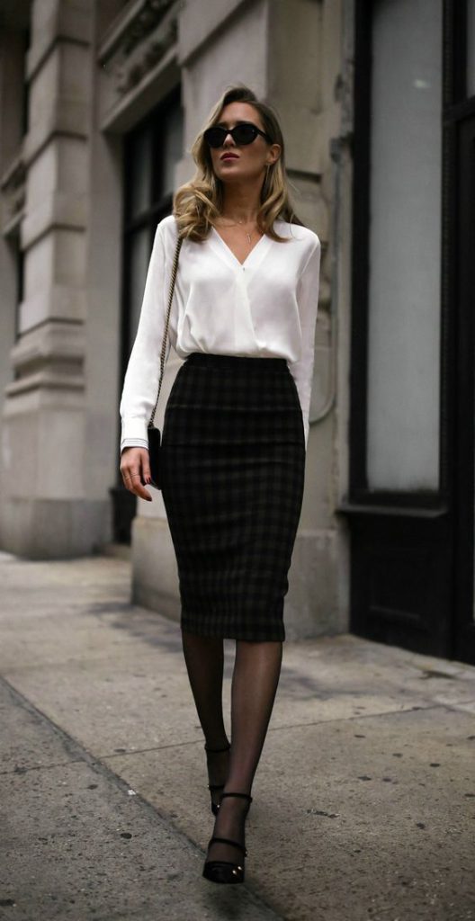 V neck long sleeve blouse and pencil plaid skirt as simple work outfits