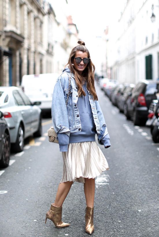 pastel-colored hoodie and beige pleated skirt to pair with your denim jackets