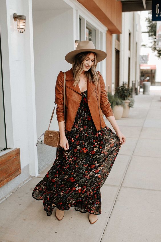 Maxi Dress with Leather Jackets as yoir female fashion idea