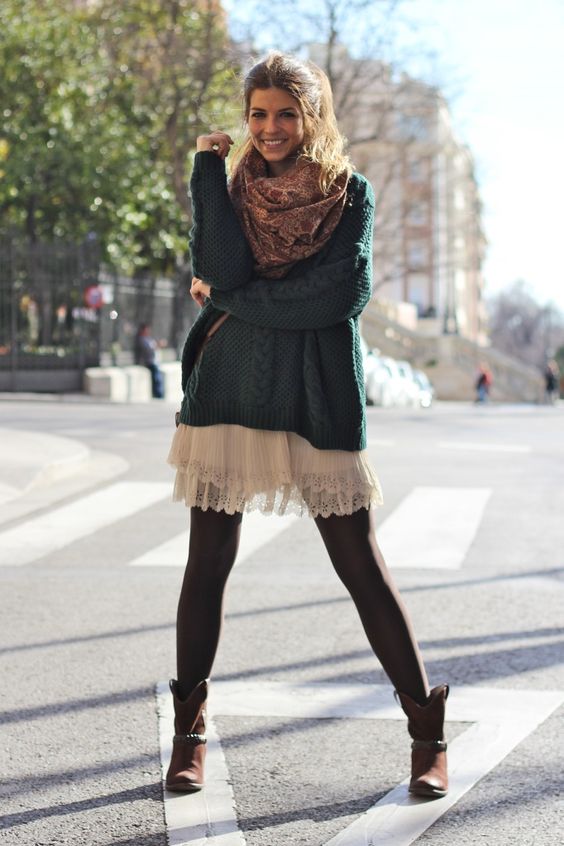 white lace mini dress with a green sweater