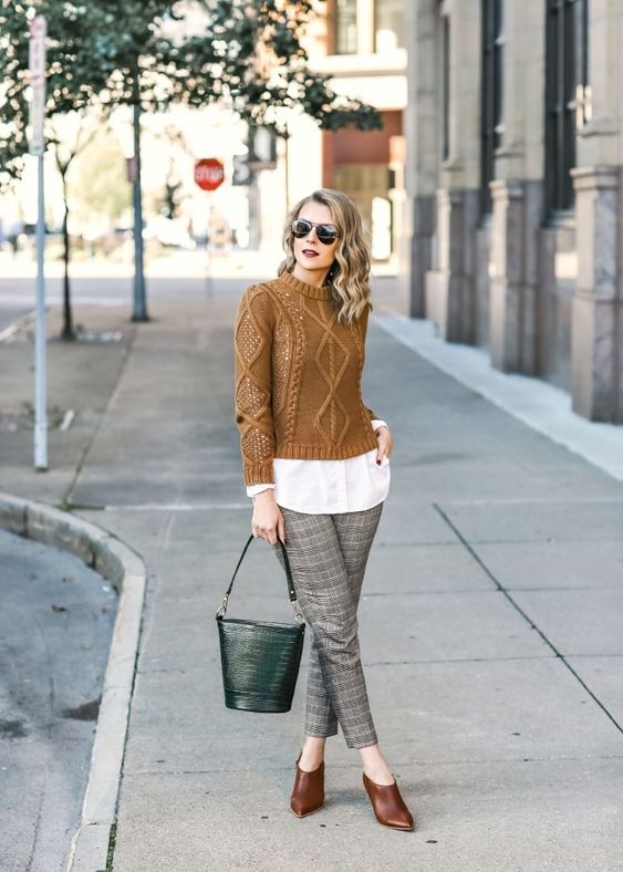 plaid pants and crochet sweaters for fall work outfit