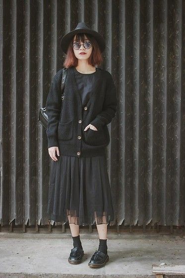 sheer midi skirt, t-shirt, and oversized cardigan in your grunge style