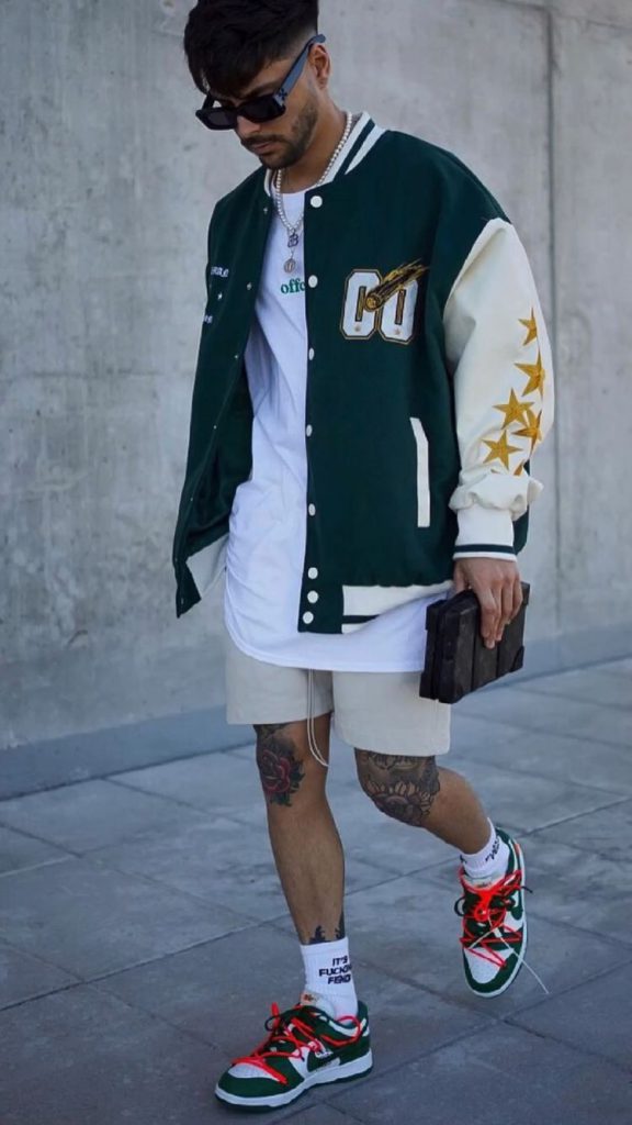 basball jacket and short pants as your men's ouutfit idea