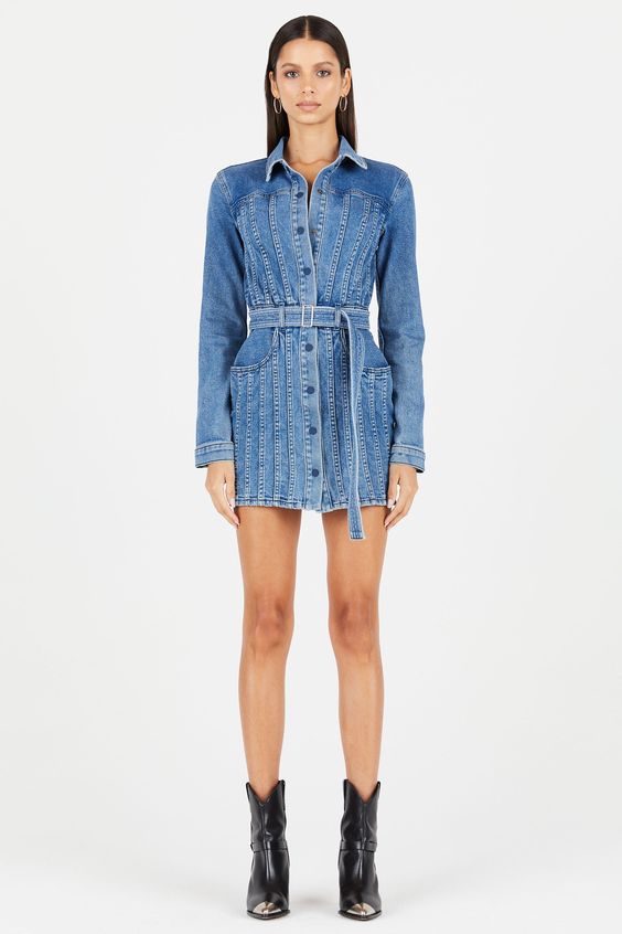 denim long sleeve mini dress for trendy female outfit idea