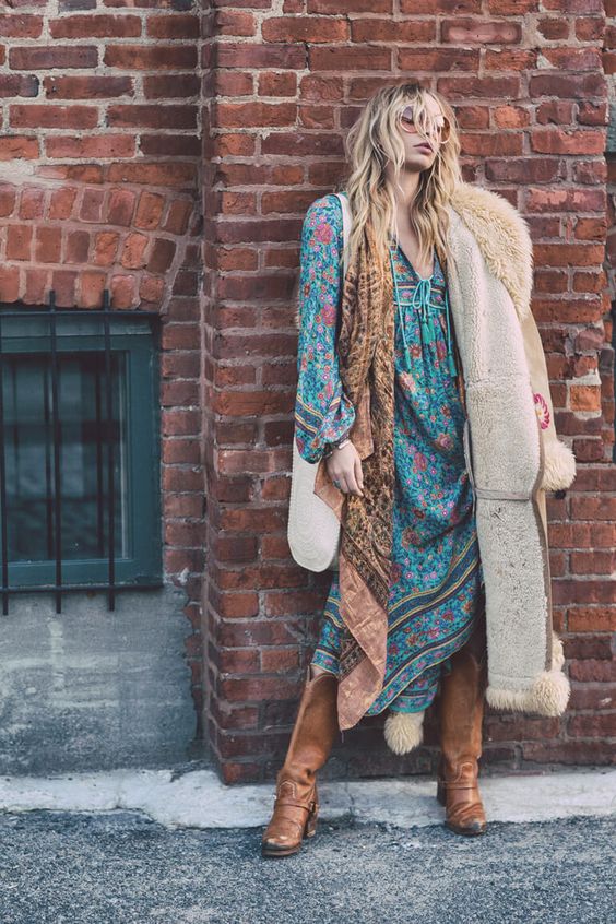 oversized fur coats and maxi floral dress