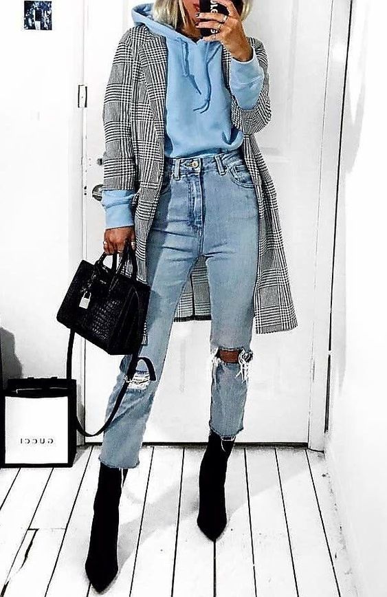 Hooded Blazer with Ripped Jeans as a unique style