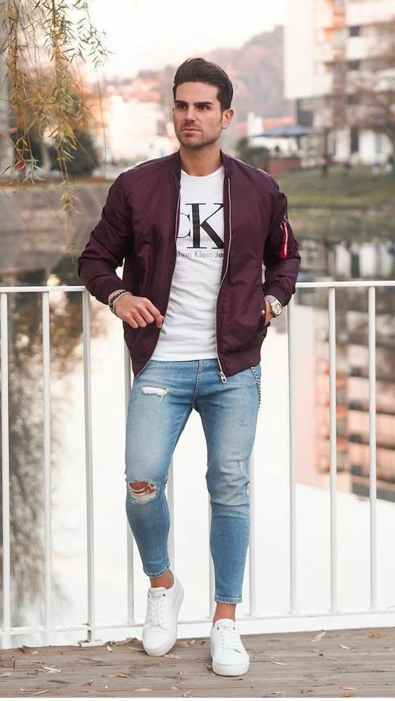 casual men's outfit idea with polyester bomber jacket