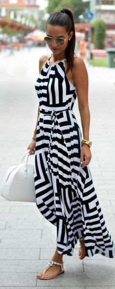 chic and stylish in black white stripe pattern maxi dress