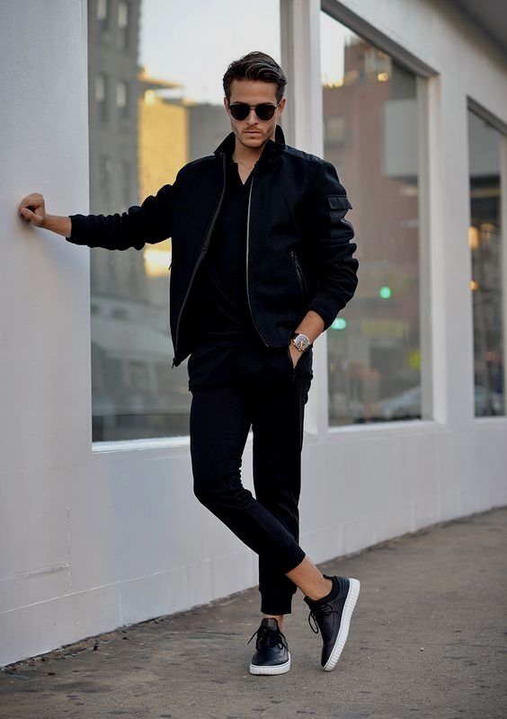 being manly in monochrome black bomber jacket style