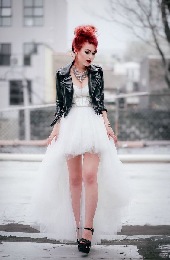 white high low mini dress and punk leather jackets for grunge fashion outfit