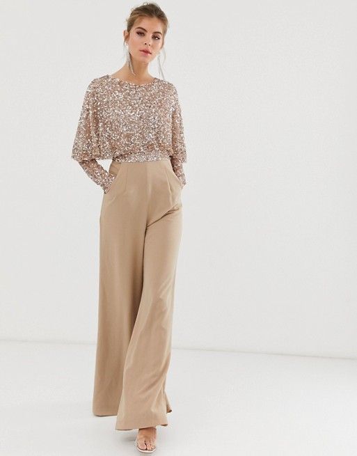 sequins top is a good choice and wide-leg pants