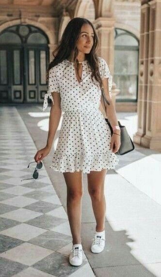 white black Polkadot mini dress with white sneakers