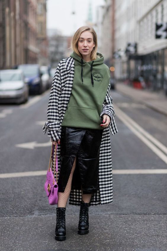 Hooded Plaid Blazer with Leather Skirt