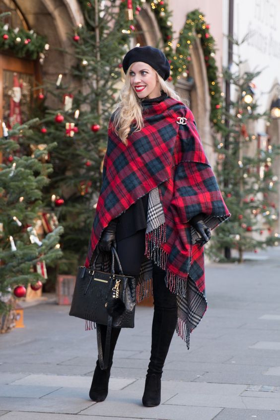red-black plaid scarf over black winter outfit