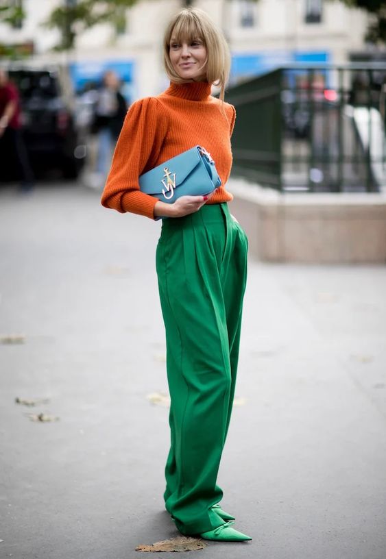 mix orange and green in one outfit as a way to modify your fashionable color clash outfit
