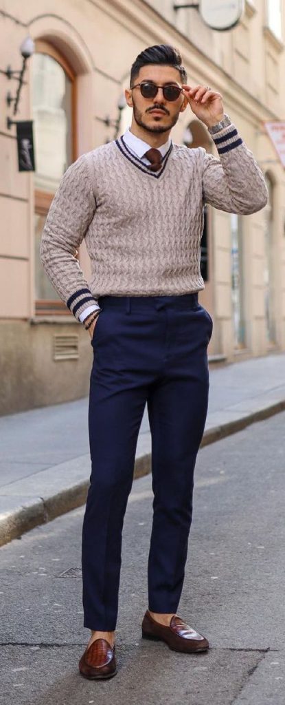 combine sweaters and collared shirts for profesional workwear