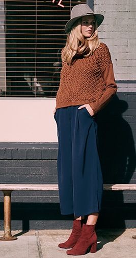 navy culottes and brown crochet sweaters to bring boho-chic style