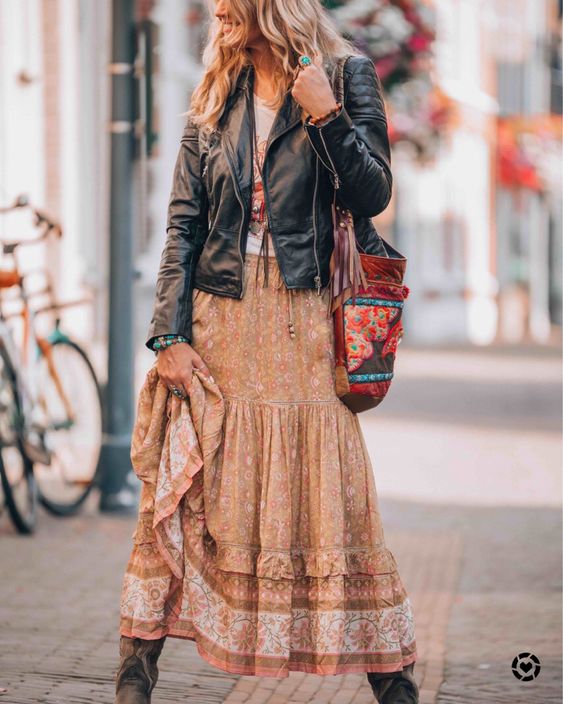 maxi dress and leather jackets for boho chic style