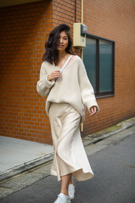 elegant satin maxi dress with oversized sweaters