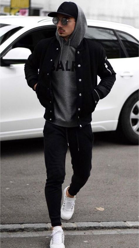 hoody and bomber jacket with sweatpants to look casual