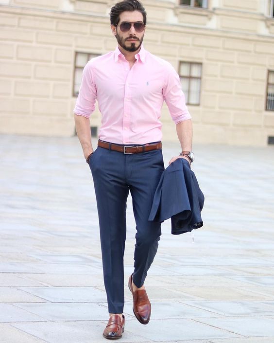 combine pink shirt with your navy suit