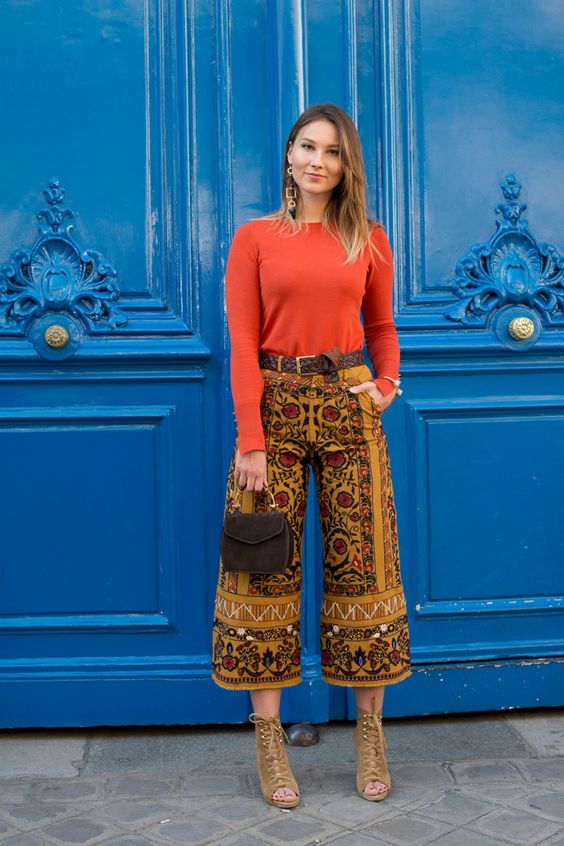 burnt yellow floral printed culottes