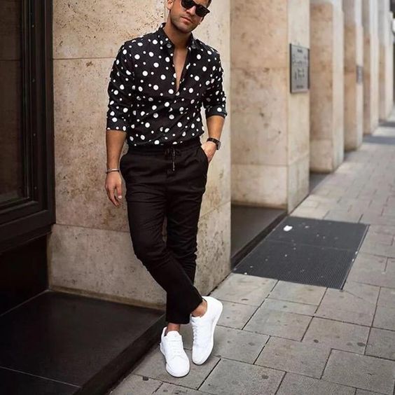 polka dot shirt and pegged pants as your casual men's workwear
