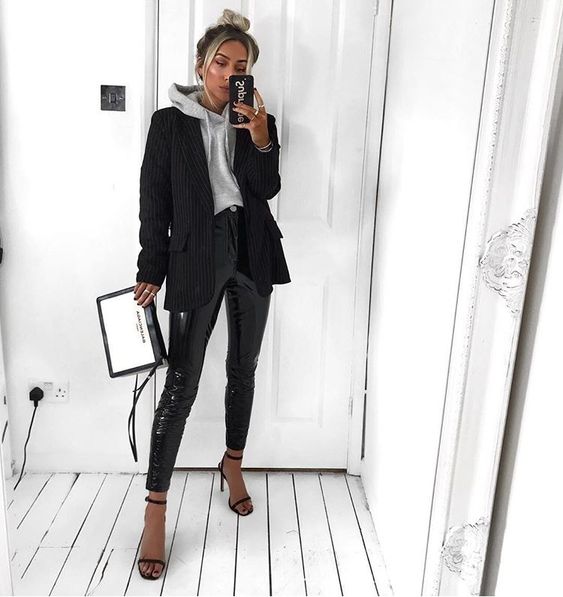 Hooded Blazer With sexy Latex Skinny Pant