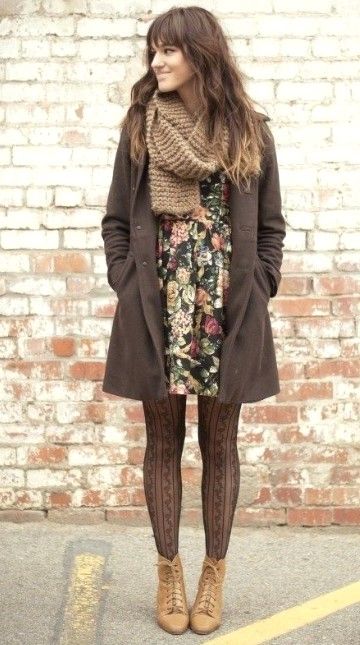 floral mini dress and woolen coats as boho-chic outfit style