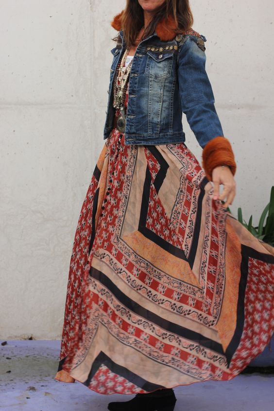 denim jacket with a boho maxi dress