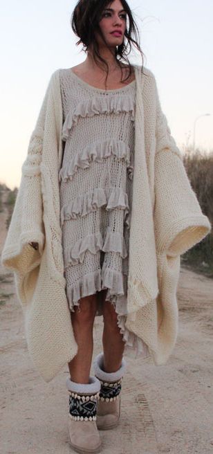 midi dress with oversized white cardigan as yur boho winter outfits