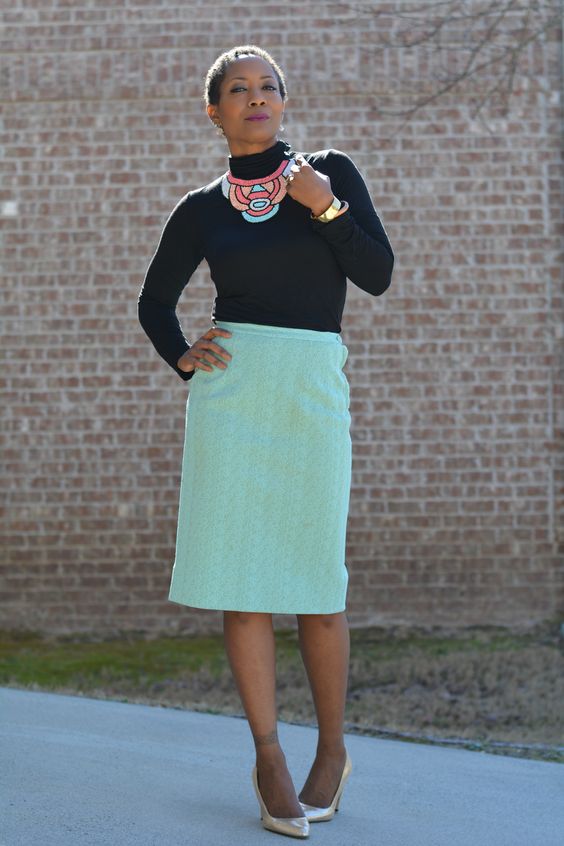 mint pencil skirt and black long sleeve t-shirt