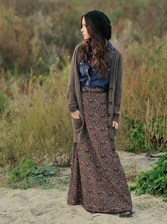 denim shirt with a cardigan and maxi flower skirt