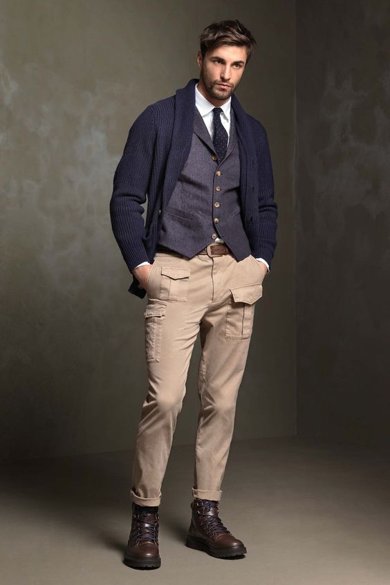 suitable and preppy semi-formal men's workwear use cardigan and bush pants