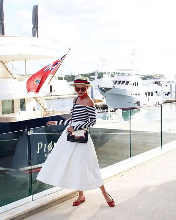 boating style for a party in off-shoulder striped tops and a white line maxi skirt
