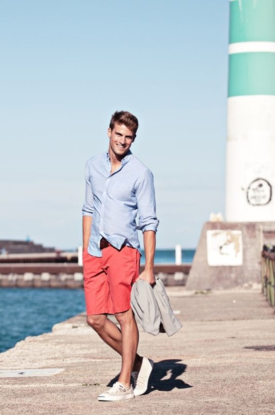 red color short , light blu shirts and sneakers for casual style in nautical outfit ideas