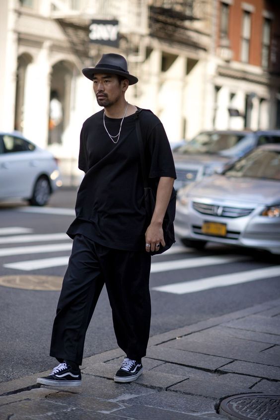 black oversized t-shirt, baggy pants, and sneakers to create street style