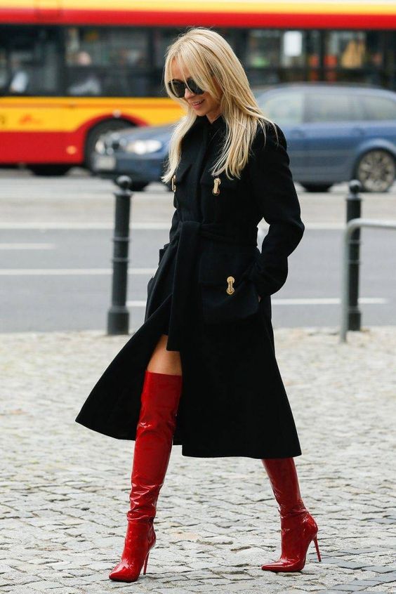 color clashing combination with red high knee boots
