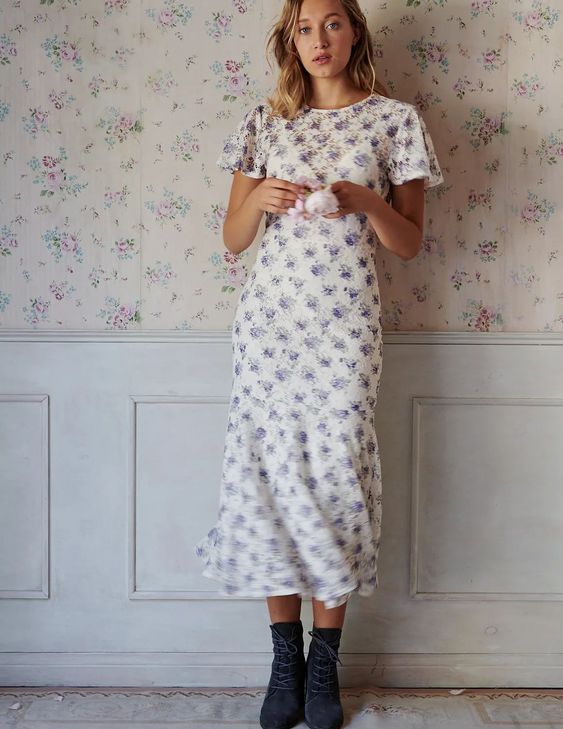 floral maxi dress and lace-up boots for modest vintage style