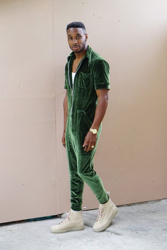 green velvet jumpsuits in men's outfit ideas