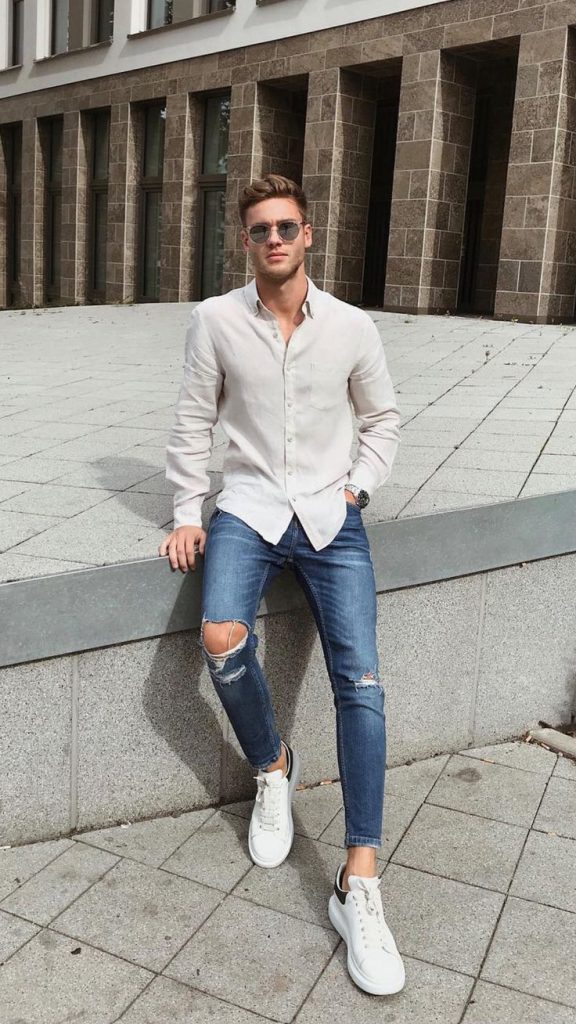 shirts and ripped jeans to present a trendy men's outfit in summer