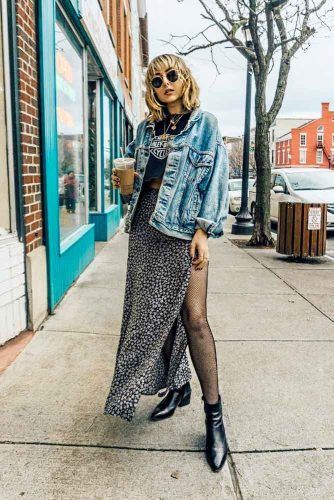 combining t-shirt, maxi skirts, and oversized denim jackets for grunge style