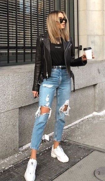 trendy style on your spring outfit in leather jackets and ripped jeans