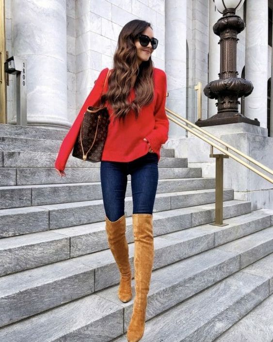 Suede knee-high boots for women's outfit ideas