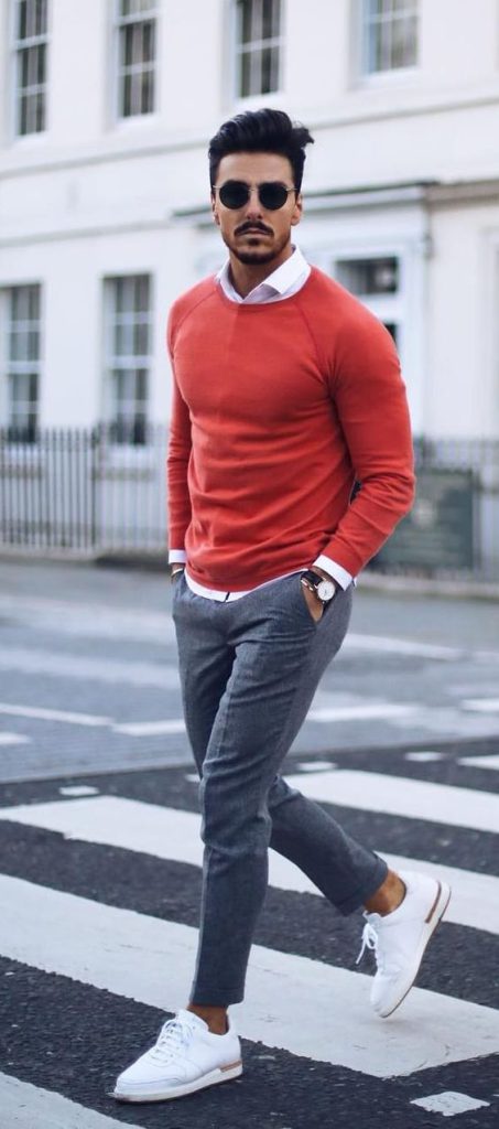 preppy look in red sweater