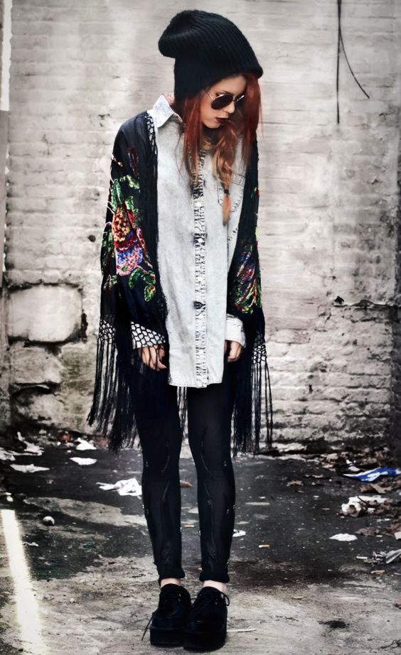 tassel oversized scarf to cover your denim shirt for vintage grunge style