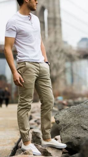 pegged pants and polo t-shirt