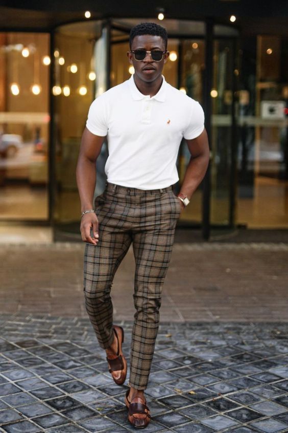 plaid pants and polo t-shirts for classy spring outfit