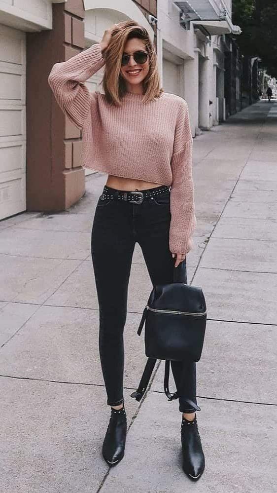 cropped sweaters with skinny jeans for cool college girls style